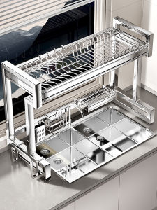 BW | Stainless Steel Kitchen Sink Dish Drainer Rack Multi-Function Dishware Storage Holder Non-Drilled Installation Dish Rack