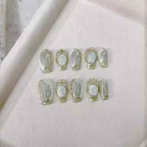 Buchilati Cyan Handmade Wear Short Ladder Flash Crystal Cats Eye Nail Stickers Finished Product Fake Nails