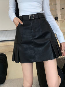 High Waist A-Line Mini Skirt with Belt Korean Style Pleated Half Body Skirts for plus Size Women Spring Autumn Season