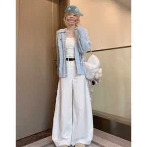 Quần Jeans Denim Ống Thẳng Lưng Cao Cho Nữ Quần Dài Đến Sàn Kiểu Dáng Rộng Phong Cách Mùa Thu Màu Trắng Cạp Cao