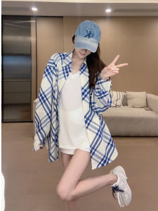 Korean Style Womens Plaid Shirt Summer Professional Commute New Unique Super Beautiful Top Coat Anti-Uv Long Sleeve Button up