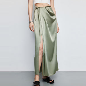 Spring 2025 Double-Sided Silk A-Line Skirt Womens High Waist Long Skirt Glossy Drape Split Commute Style Pure Color