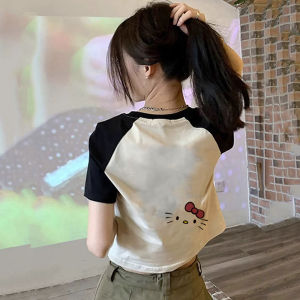 Hellokitty Short Sleeve T-Shirt Womens Short Style Summer New Fashion Shoulder Insertion Belly Button Baring Top Cotton Pure Korean Style Slim Fit round Neck Print Splice Color Block