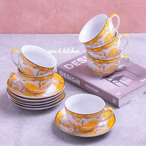 Cangkir lepek keramik set bulat motif chrysan bunga kuning isi 12 pcs