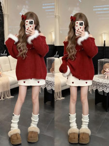 XUECAIQI | Elegant Red Off-shoulder Knit Sweater Set