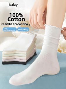 BAIZIYUAN | Cotton Antibacterial Camellia Oil Odor-eliminating Seamless Ladies Summer Crew Socks