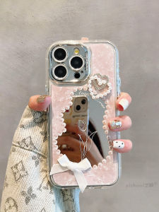 Elegant Butterfly Knot Heart Shaped  15ProMax Phone Case Luxury Mirror Bracelet Silicone Protective Cover for Women