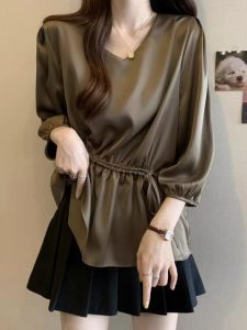 WANGGONGZHU | Elegant V-neck Shirt Womens Fashion Slimming Seven-quarter Sleeve Top Princess Style Casual Loose Fit UV Protection