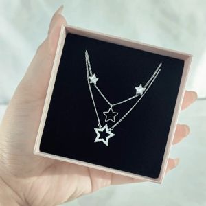 SO SEOUL Attract Y Double Tier Star Diamond Simulant Stud Earrings Fixed Chain Necklace Jewelry Gift Set