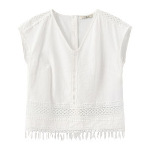Lace Hollowed Out Assembled Bell Sleeve Tassel Hem V-Neck Blouse