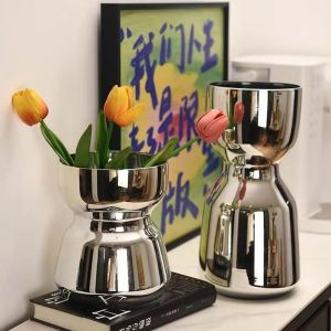 New Arrival Scandinavian Accessible Luxury Fancy Silver Dumbbell Glass Vase Living Room Home Ornaments Flower Container Dried Flowers