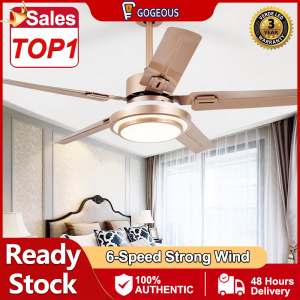 GOGEOUS Stainless steel ceiling fan with light modern ceiling fan 5 blades big ceilings fan 3 colors dimming 6 speed wind ceiling fan with led light with remote dc motor ceiling fan heavy duty ceiling lights with fan for living room bedroom