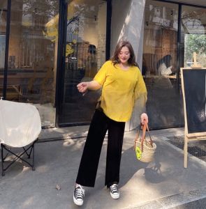 กางเกงขายาวทรงหลวมเอวสูงสำหรับผู้หญิงไซส์ใหญ่ กางเกงขายาวทรงตรงทรงหลวมสบาย ๆ สำหรับฤดูร้อน