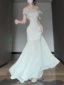 CHANGTONG | Gentle Style Unique Non-Collision Design One-Shoulder Fishtail Slim Long Dress