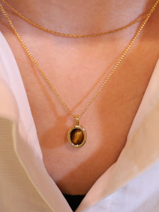 Natural Tiger Eye Pendant Necklace Minimalist Luxury Stackable Design Sweater Chain 2025 New Style Alloy/Plated Silver/Plated Gold Chain