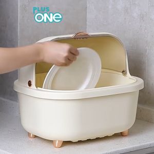 Plus One - Rak Pengering Air Kaki Kayu, Rak Piring Plastik Dengan Tutup & Rak Dapur Multifungsi
