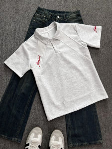 LIUBU | White Flower Grey Embroidered Polo T-shirt Mens Short Sleeve