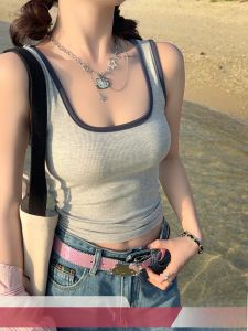 Color Block Vest Womens Inner Wear 2025 Spring Summer New Style Wide Shoulder Strap Halter Short Sleeveless Square Collar Top
