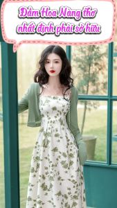 Set Đầm Voan Hoa Xanh 2 Dây Kèm Áo Khoác Thun Gân May Bells Đầm Hoa Nàng Thơ Dạo Phố Dáng Dài