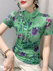 เสื้อยืดคอตั้งแขนสั้นผู้หญิงสไตล์ย้อนยุค ลายดอกไม้ ทรงเข้ารูป เสื้อเชิ้ตผ้าตาข่าย เสื้อเชิ้ตแขนสั้นทรงเข้ารูป INS เสื้อเชิ้ตผู้หญิง