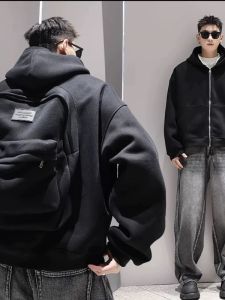 เสื้อแจ็คเก็ตคาร์ดิแกนแบบมีฮู้ดแบบสวมหัวสไตล์อเมริกันสำหรับผู้ชาย เสื้อสเวตเตอร์แขนยาวแบบสวมหัวแบบหนา ทรงหลวม สไตล์ฤดูใบไม้ร่วง