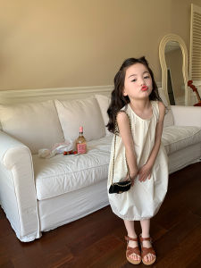 Spring Summer Girls Design Sense Vest Skirt Long Pure Color Silklike Split Sleeveless Dress Korean Style Cotton Fabric Aline Skirt