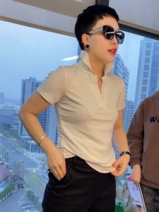 Slim Fit Short Sleeve Polo Shirt Stand Collar Quality European Style Womens Fashionable Summer New Arrival T-shirt