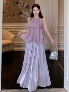 Stylish French Design Bow Strap Top with Midi Skirt Set