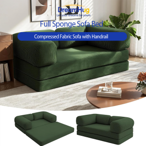 DreamHug 4‑in‑1 Futon Sofa Bed– Floor Foldable Convertible Sofa Couch with L‑Shaped Armrests Removable Cover Green Convertible Guest Bed Space‑Saving Fold‑Out Mattress Lounge for Living Room