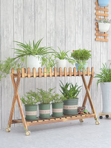 Retro Wheeled Balcony Solid Wood Flower Rack Outdoor Carbonized Anti-Corrosion Multi-Layer Fence Succulent Chlorophytum Pastoral Plant Rack