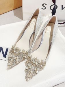 Giày Cưới Cao Gót Màu Bạc Thanh Lịch Cho Nữ Giày Đính Pha Lê Và Pha Lê Giày Đính Hạt Cho Đám Cưới Mới Ra Mắt