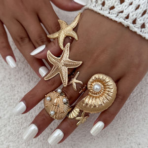 Ingemark 6Pcs/Set Boho Large Starfish Conch Scallop Open Rings for Women Summer Ocean Vintage Adjustable Rings Couple Jewelry