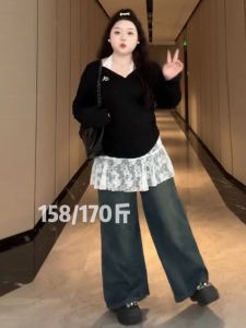 พลัสไซส์ ลูกไม้ คอ คอเต่า ชุดสองชิ้น ผู้หญิง ฤดูใบไม้ร่วง สวมใส่ด้านใน สลิมฟิต หวาน สไตล์ปรารถนาบริสุทธิ์เผ็ด เสื้อท่อนบน และด้านล่าง