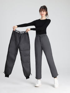 Thickened High Waist White Goose down Winter Pants Womens Travel Outerwear Windproof Warm Straight Leg Grey Large Size