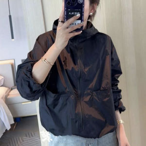 Lightweight Short Womens Sun Protection Jacket Pure Color Versatile Loose Fit Slimming Trendy Commute Style Zipper Closure