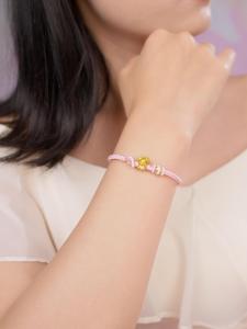 ZHOU LIU FU 周六福 24K Solid Gold Bracelet Real Gold Fox Charm Pink Enamel Braided Bracelet Cute Animal Jewelry for Women Mom Daughter Birthday Anniversary New Year 16+6cm A1713157