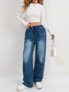 Trendy Elastic Waist Women Jeans Wide Pants Baggy Denim Trousers Loose Fit High Quality Comfort Stretch Fashion 2025 New Design