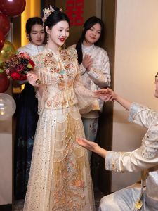 ชุดเจ้าสาวแบบใหม่สีชมพูทองสุดหรู ชุดเจ้าสาวไซส์ใหญ่สำหรับผู้หญิงไซส์ใหญ่ ชุดแต่งงานสไตล์จีนโบราณ