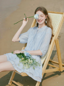 XIANGYING | Youthful Beach Vacation Blue Shirt and Skirt Set