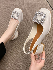 Water Diamond Fairy High Heels Sandals French Vintage Mary Janes Womens Shoes Buckle Closure Low Cut Rubber Outsole PU Lining