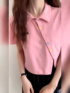 POLO shirt Short sleeve T-shirt for women summer Korean style crop top polo blouse plus size