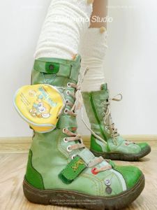 Green Spliced High-Top Womens Boots Y2K Retro Stitching Flat Bottom Fashion Boots Spring Autumn round Toe Rubber Outsole