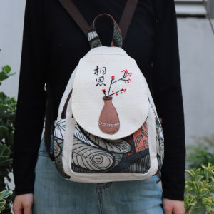 Handmade Ethnic Style 3D Flower Canvas Backpack Lightweight Double Shoulder Bag with Zipper Closure and Inner Pockets for Casual Use