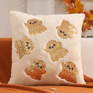 1 PC Halloween Decoration Throw Pillow Cover Pumpkin Gold Sequin Embroidery Plush Autumn Thanksgiving Harvest Home Living Room