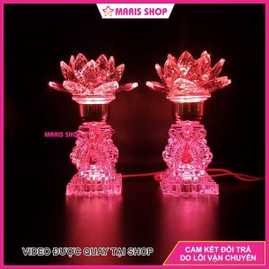 Bộ 2 Cây Đèn Bàn Thờ Sen Pha Lê Đèn bàn Thờ Phật Cao Cấp Nguyên Khối