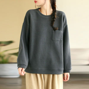 Womens Loose Fit Cotton Sweatshirt round Neck Pocket Detail Premium Quality Autumn Winter Top Brand Discount Clearance