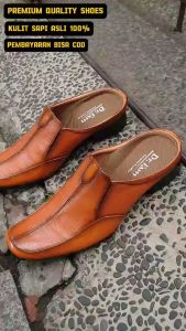 SEPATU SANDAL SELOP FORMAL SEPATU BUSTONG PRIA KULIT SAPI 100% KODE B6039 TAN ( PRODUKSI SENDIRI )