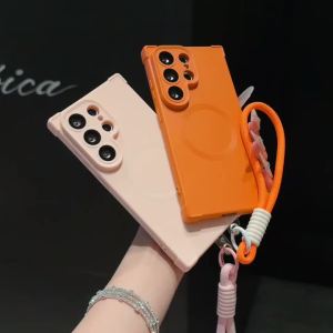 Lanyard Wrist Strap Magnetic Phone Case For Samsung Galaxy S26 Ultra S25 S24 Plus S26 Shockproof For Magsafe Hand Rope Cover
