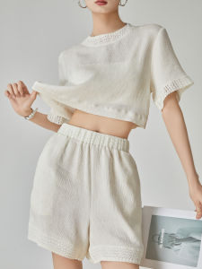 XIAODADEHUA | White Heavy Weave Patchwork Short Sleeve T-Shirt Set
