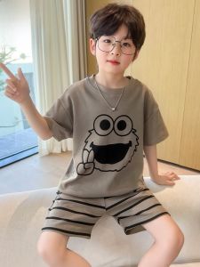 MiiOW | ชุดนอนเด็กชายผ้าฝ้ายแท้บางลายการ์ตูนฤดูร้อนใหม่ ชุดอยู่บ้านแขนสั้น ความยาวปกติ ระบายอากาศได้ดี ใส่สบาย